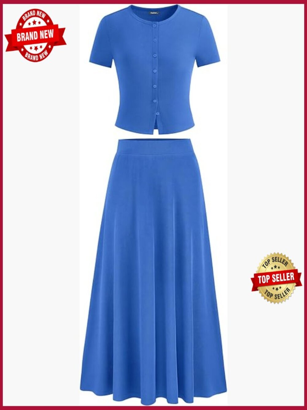 2 Piece Skirt Set - Short Sleeve Button Up Crop Top & Flowy Maxi Skirt